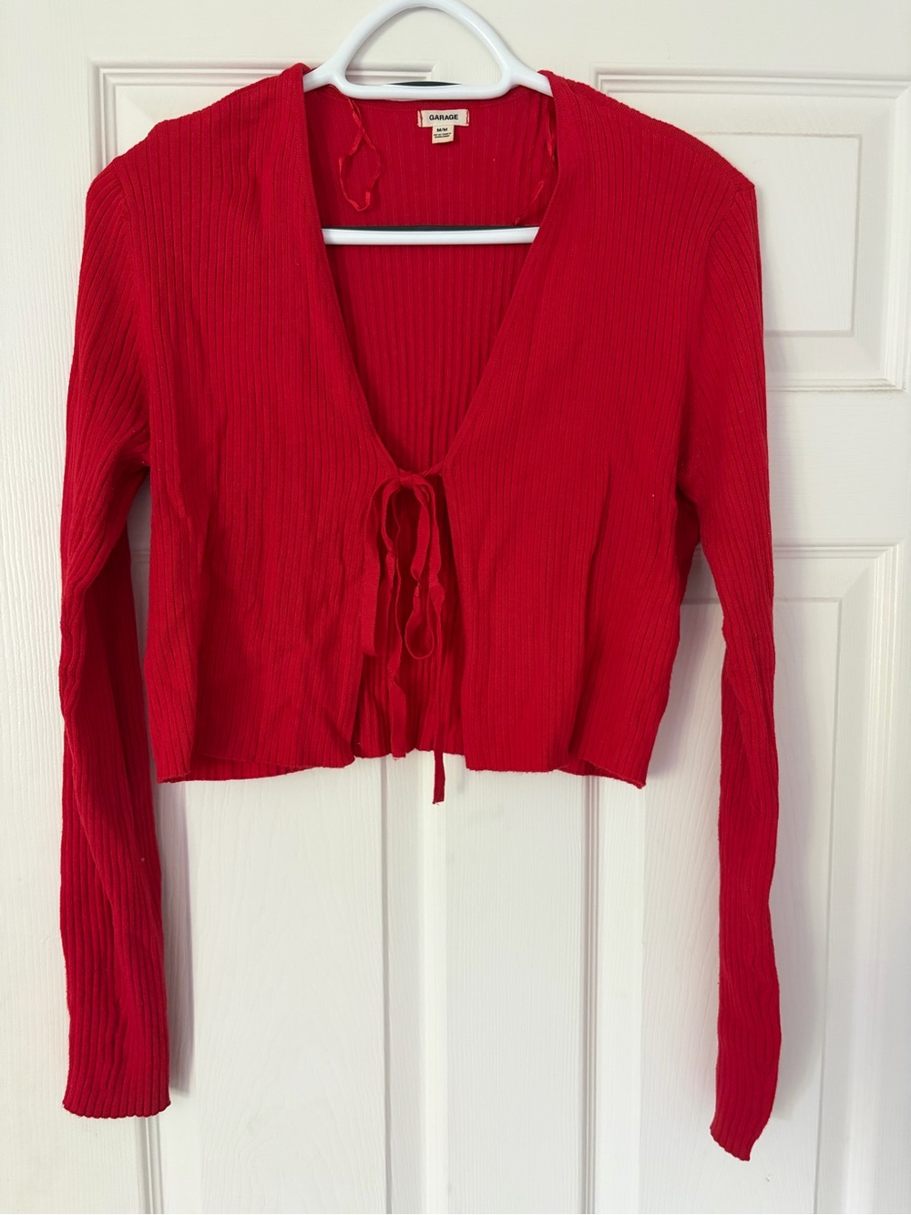 Garage Red Ribbed Tie-Front Long Sleeve Top